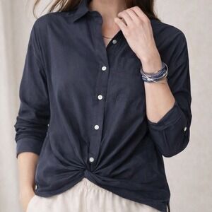 J Jill Cotton Silk Twist Front Blouse Blue Relaxed Fit Sheer Button Shirt Small